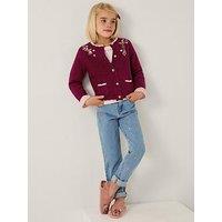 Monsoon Girls Floral Embroidered Cardigan - Dark Red