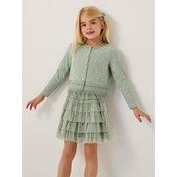 Monsoon Girls Embroidered Rib Cardigan And Mesh Skirt Set - Light Green