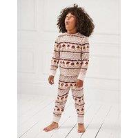 Chelsea Peers Unisex Kids Christmas Bear Fairisle Print Pyjamas - Light Cream