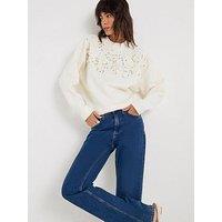 River Island Long Sleeve Pearl Diamante Trim Sweat - Cream