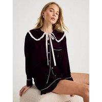 River Island Long Sleeve Frill Collar Velvet Pyjama Set - Black