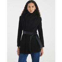 River Island Pu Trim Wrap Coat - Black