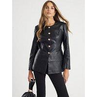 River Island Gold Button Pu Collarless Jacket - Black