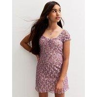 New Look 915 Girls Floral Lace Ditsy Print Short Sleeve Dress - Purple