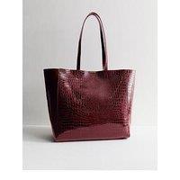 New Look Faux Patent Leather Crocodile Effect Tote - Red
