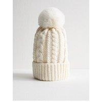 New Look Cream Cable Knit Faux Fur Pom Pom Bobble Hat