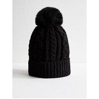 New Look Black Cable Knit Faux Fur Pom Pom Bobble Hat