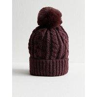 New Look Dark Burgundy Cable Knit Faux Fur Pom Pom Bobble Hat