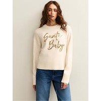 New Look Christmas Sequinned Santa Baby Slogan Jumper - Beige