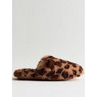 New Look Stone Leopard Print Faux Fur Slippers