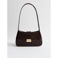 New Look Faux Leather Crocodile Effect Shoulder Bag - Dark Brown
