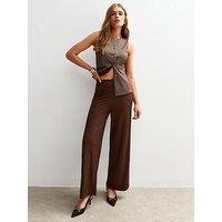 New Look Ribbed Wide Leg Trousers - Brown