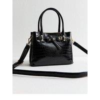 New Look Black Patent Faux Leather Crocodile Embossed Mini Crossbody Bag