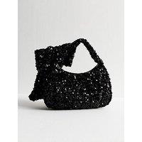 New Look Black Sequinned Bow Appliqued Hand Bag