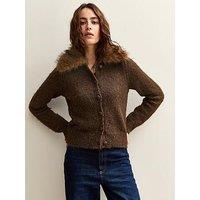 New Look Faux Fur Collar Cardigan - Brown