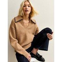 New Look Tan Blanket Stitch Collar Jumper
