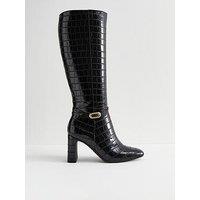 New Look Snakeskin Effect Faux Leather Knee High Boots - Black