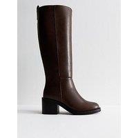 New Look Faux Leather Heeled Knee High Boots - Dark Brown