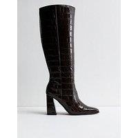 New Look Mid Brown Crocodile Effect Faux Patent Knee High Boots