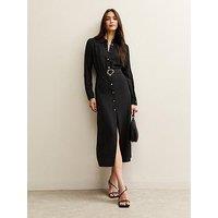 New Look Long Sleeve Belted Midi Shirt Dress - Black