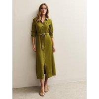 New Look Light Khaki Long Sleeve Belted Midi Shirt Dress