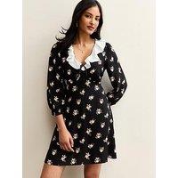 New Look Floral Print Frill Neck Mini Dress - Black