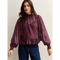 New Look Burgundy Textured Chiffon High Neck Blouse - Red