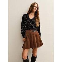New Look Brown Corduroy Pleated Buckle Mini Skirt