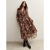 New Look Floral Print Ruffled Chiffon Midi Dress - Brown