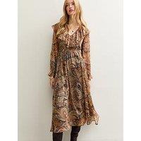 New Look Paisley Print Chiffon Long Sleeve Midi Dress - Brown