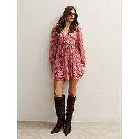 New Look Floral Print Chiffon Long Sleeve Mini Dress - Pink