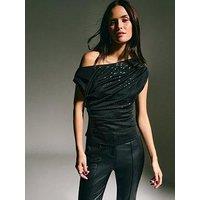 New Look Jersey Sequin Draped Off-Shoulder Top - Black