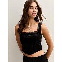 New Look Black Lace Trimmed Velvet Corset Top
