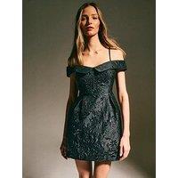 New Look Black Floral Jacquard Bardot Mini Dress