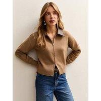 New Look Faux Leather Collar Cardigan - Brown