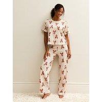 New Look White Christmas Teddy Bear Print Striped Pyjama Set