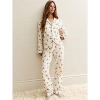 New Look Cream Teddy Long Sleeve Shirt And Trousers Pyjama Set