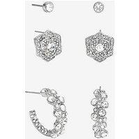 Mood Silver Floral Crystal Stud & Hoop Earrings - Pack Of 3