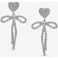 Mood Silver Crystal Dainty Heart & Bow Drop Earrings - Silver