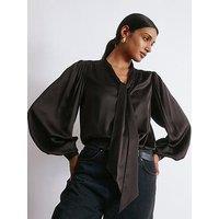 Albaray Satin Tie Neck Blouse - Brown