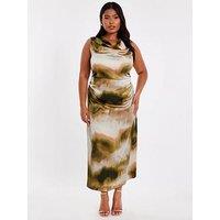 Quiz Curve Khaki Satin Marble Midaxi Dress