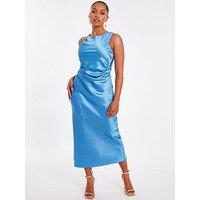 Quiz Petite Blue Satin Ruched Midaxi Dress