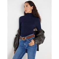 River Island Mix Rib Roll Neck Top - Navy