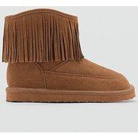 Mango Girls Fringe Suede Leather Boots - Brown
