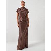 Six Stories Batwing High Neck Satin Bridesmaid Dress - Brown