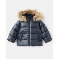 Mango Younger Girls Faux Fur Trim Padded Coat - Navy