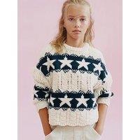 Mango Girls Star Fringe Knitted Jumper - Light Cream