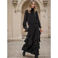 Religion Scarlet Ruffle Layered Georgette Maxi Skirt - Black