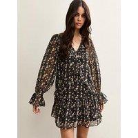 New Look Floral Chiffon Frilly Mini Dress - Black