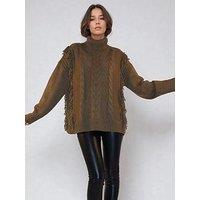 Religion Oversized Jamie Roll Neck Cable Knit Fringed Jumper - Brown